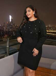 SHEIN Frenchy 大碼珍珠串珠合身毛衣洋裝