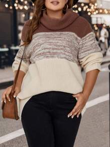 SHEIN LUNE 大碼撞色高領落肩袖套頭毛衣 - 彩色 - 查看 5