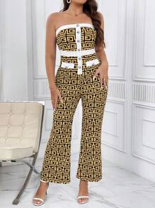 SHEIN Privé Plus Geo Print Contrast Trim Belted Tube Jumpsuit - Khaki - View 3