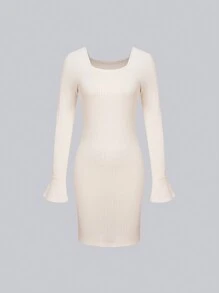 SHEIN Unity 素色喇叭袖緊身洋裝 - 杏色 - 查看 1