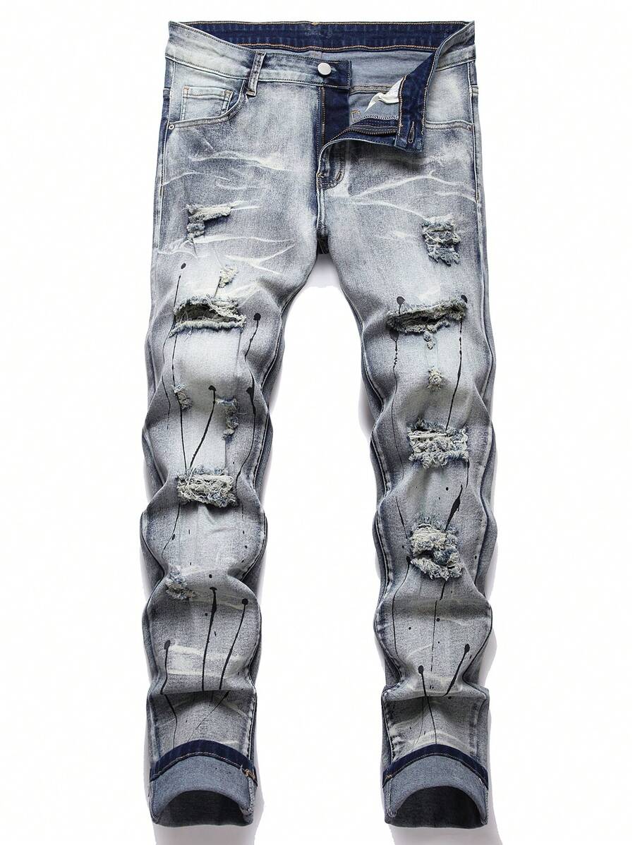 Manfinity Men Ripped Frayed Skinny Jeans - Light Wash - View 1
