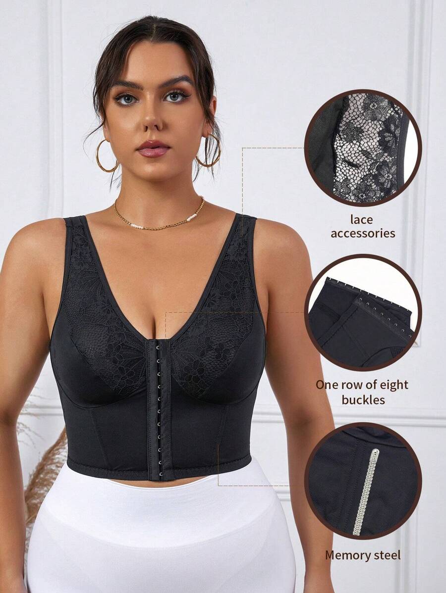 Plus Hook And Eye Front Shapewear Top - Black - View 1