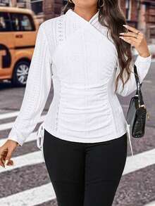 SHEIN Essnce 休閒抽繩 網眼刺繡純色大碼T恤 - 白色 - 查看 6