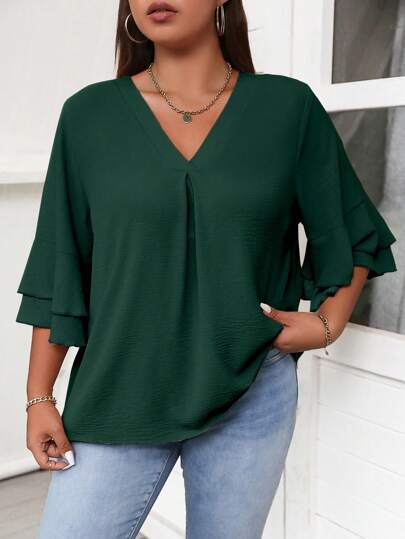 Easura Größere einfarbige Bluse mit ausgestellten Ärmeln und V-Ausschnitt