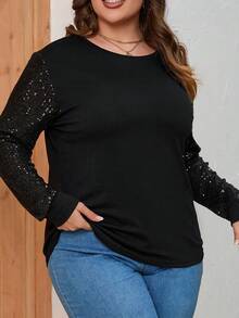 Talla grande Camiseta con lentejuela en contraste - Negro - Ver 3