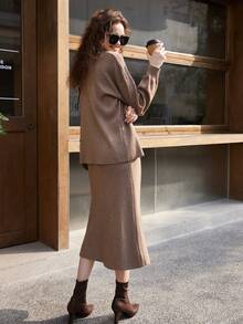 Cổ giả tay áo lá sen Đầm & Mở Mặt trước áo - Cà phê nâu - Xem 2