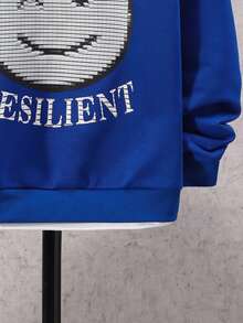 SHEIN 男大童字母和卡通圖案落肩袖二合一套頭衫 - 藍色 - 查看 3