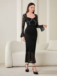 Modelyn 雞心領口荷葉袖魚尾裙下擺蕾絲洋裝