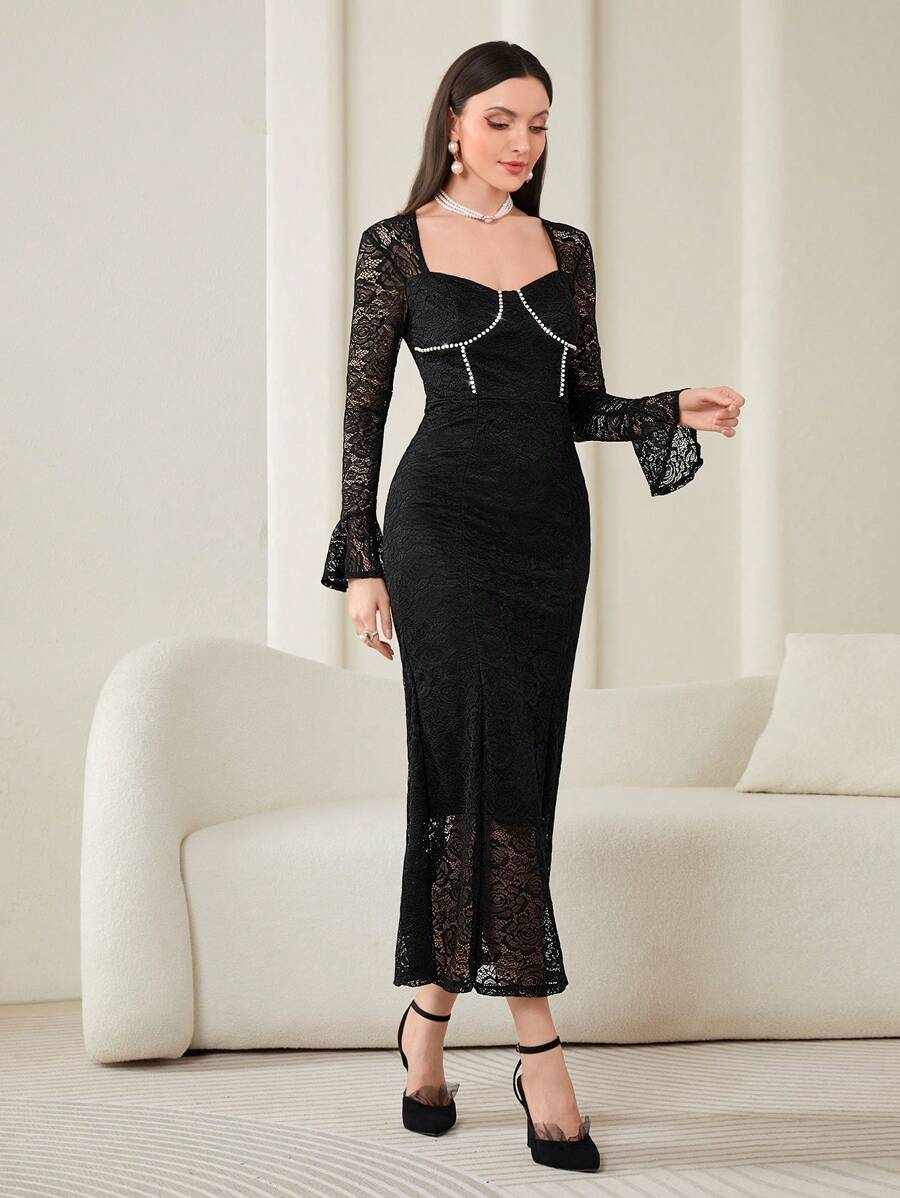 Modelyn 雞心領口荷葉袖魚尾裙下擺蕾絲洋裝