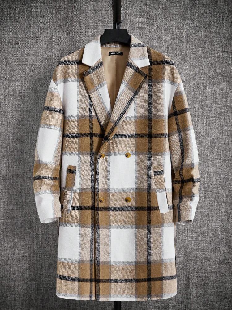 Loose Fit Men's Plaid Double-Breasted Lapel Neck Drop Shoulder Overcoat, For Fall Winter