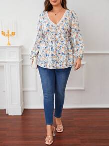 SHEIN Frenchy Talla grande Blusa peplum con estampado floral ribete con encaje de manga farol - Blanco - Ver 5