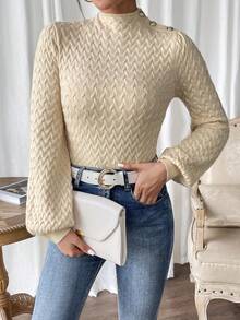 Chiquease 小高領紐扣細節燈籠袖套頭毛衣 - 杏色 - 查看 5