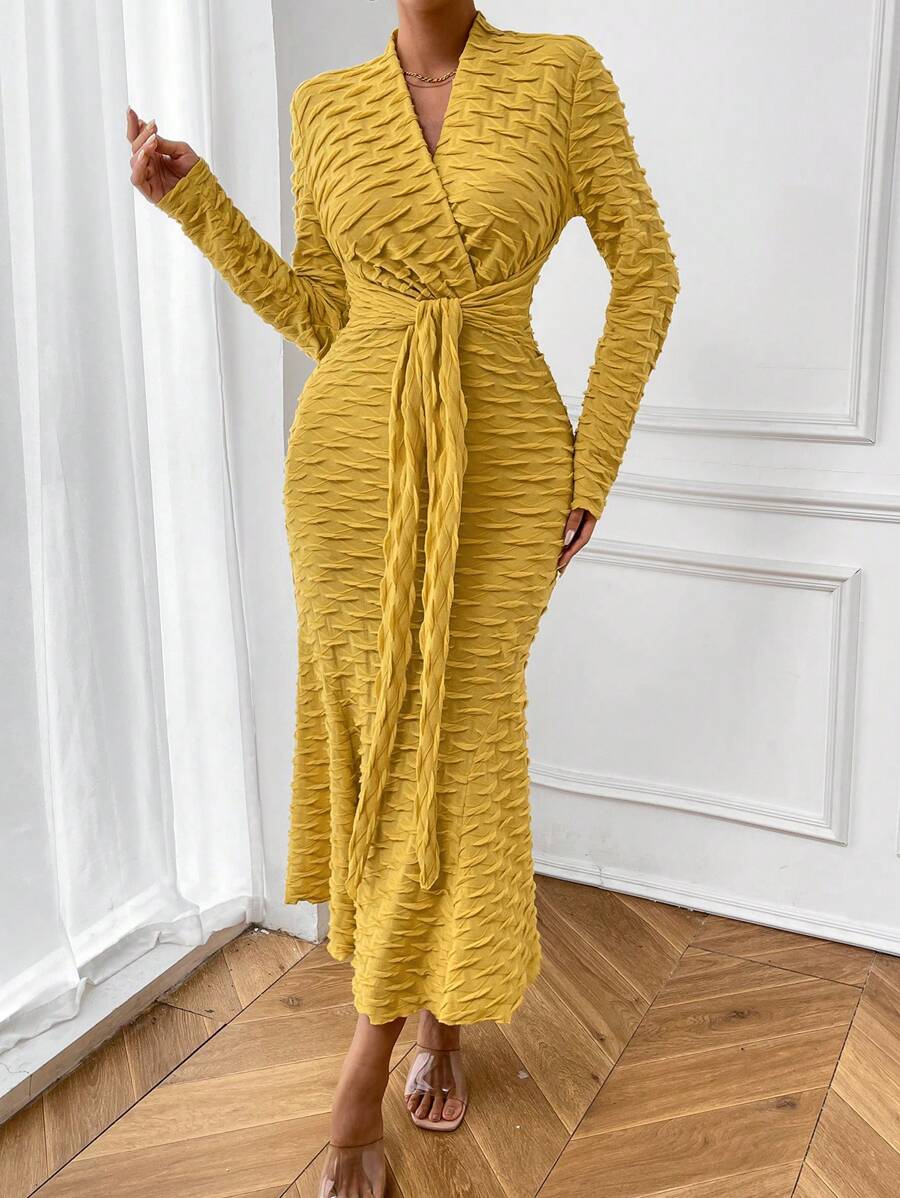 SHEIN Privé Solid Tie Front Mermaid Hem Dress - Yellow - View 1