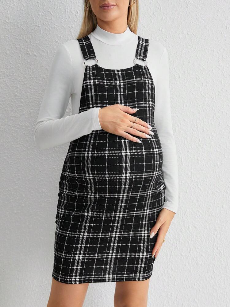 Maternity Mock Neck Tee & Plaid Overall Dress