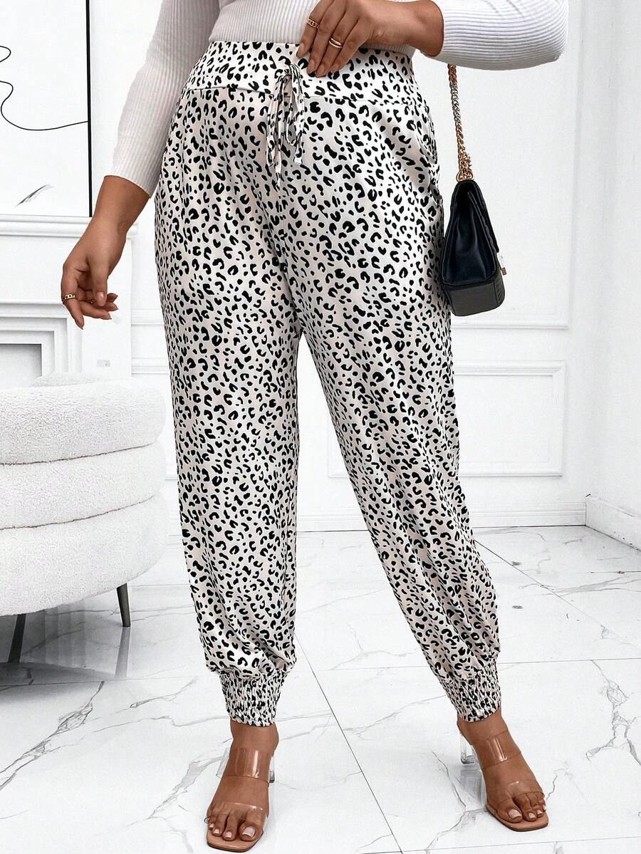 SHEIN Unity 大碼豹紋印花長褲 - 杏色 - 查看 1