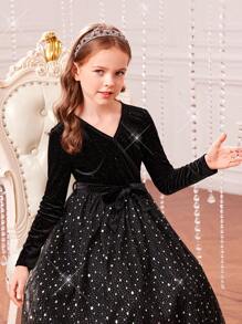 SHEIN 女大童亮片網紗覆蓋繫腰帶洋裝 - 黑色 - 查看 3