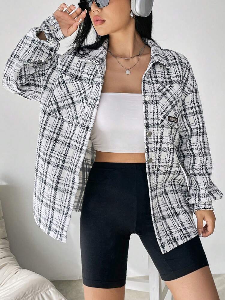 Plaid Print Drop Shoulder Flap Pocket Coat