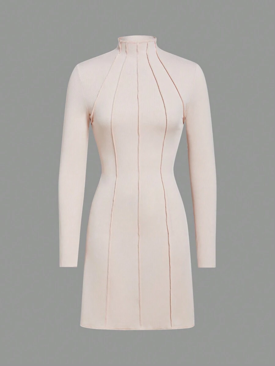SHEIN Unity Mock Neck Seam Detail Dress - Apricot - View 1