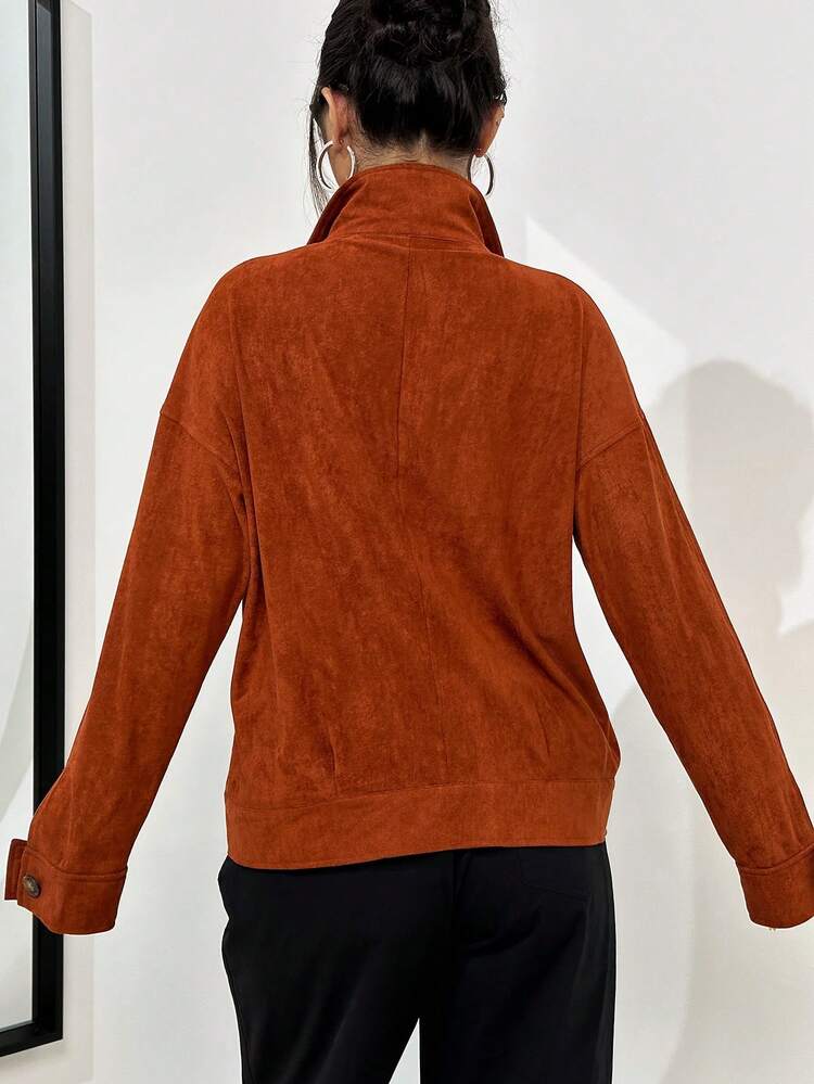 Flap Pocket Drop Shoulder Zip Up Corduroy Coat Fall Cloth For Women