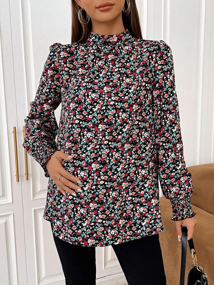 SHEIN Maternity Ditsy Floral Print Mock Neck Blouse - Black - View 1