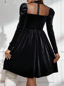 SHEIN Maternity Contrast Mesh Gigot Sleeve Velvet Dress - Black - View 2