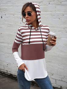 SHEIN LUNE In sọc Dây rút Hoodie - Bụi hồng - Xem 4