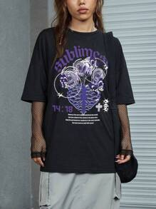 ROMWE Grunge Punk 骷髏&標語圖案落肩T恤 - 黑色 - 查看 1