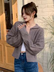 DAZY Cable Knit Drop Shoulder Cardigan - Brown - View 5