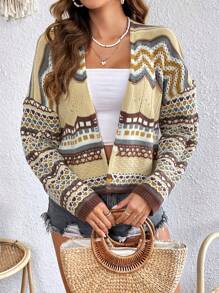 SHEIN VCAY Geo Pattern Drop Shoulder Cardigan - Apricot - View 3