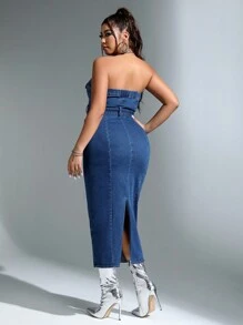 SHEIN ICON 大碼前拉鏈翻蓋口袋腰帶牛仔抹胸洋裝 - 藍色 - 查看 2