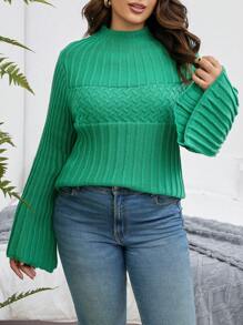 SHEIN CURVE+ 加大码高领荷叶袖针织套头衫秋冬毛衣 - 綠色 - 查看 6