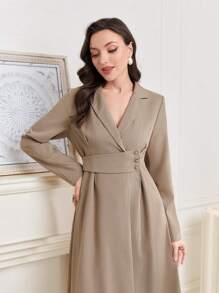 Seusyu Solid Lapel Neck Dress - Khaki - View 4