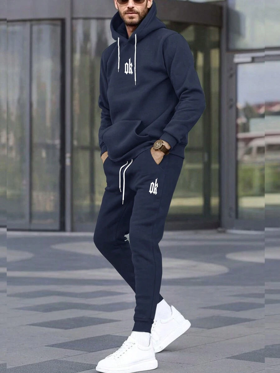 Manfinity Homme Men Letter Graphic Kangaroo Pocket Drawstring Hoodie & Sweatpants - Royal Blue - View 1