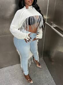 Slaydiva Fringe Hem Tay Raglan Hem cao thấp Áo len - trắng - Xem 6