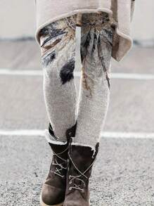 羽毛印花緊身打底褲 - 彩色 - 查看 1