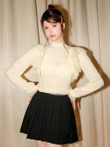 DAZY Damen Oberteil mit Stehkragen, Spitzenrüschen und Langarm