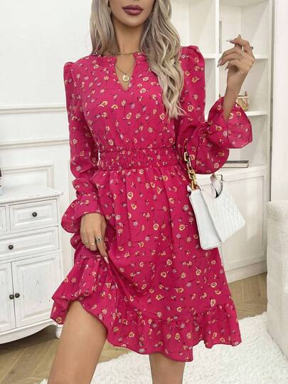 Breezaya Allover Floral Print Notched Neck Shirred Waist Dress Vacation Beach Outfits Women Fall Cloth For Women