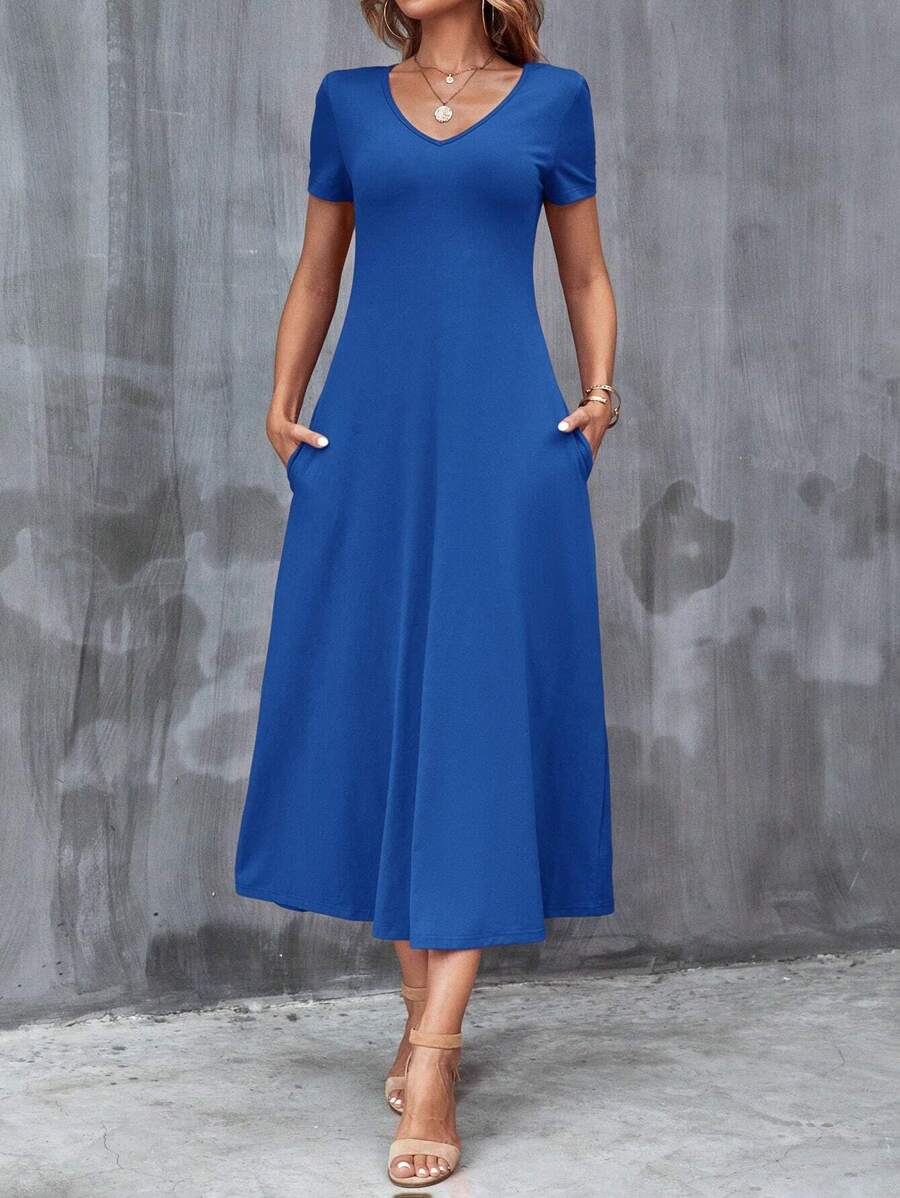 SHEIN Clasi Chất rắn Túi ẩn Váy chữ A - Xanh đậm - Xem 1