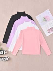 SHEIN Tween Girl 4pcs Mock Neck Solid Tee - Multicolor - View 2