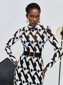 Maija Geo Print Mock Neck Mesh Top - Black and White - View 3