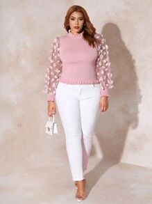 SHEIN SXY Hơn Đèn treo tường Tay áo lưới Lá sen tỉa Cổ giả Áo len - Bụi hồng - Xem 5