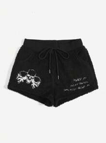 ROMWE Academia Skull & Letter Graphic Drawstring Waist Teddy Shorts - Black - View 1