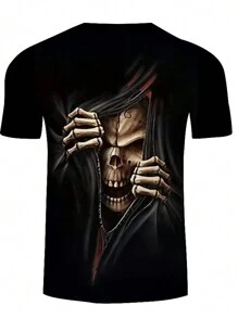 男士加大骷髅印花T恤，适合万圣节 - 黑色 - 查看 2