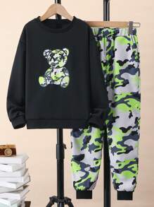 Tween Boy Bear Print Pullover & Camo Print Sweatpants - Black - View 1