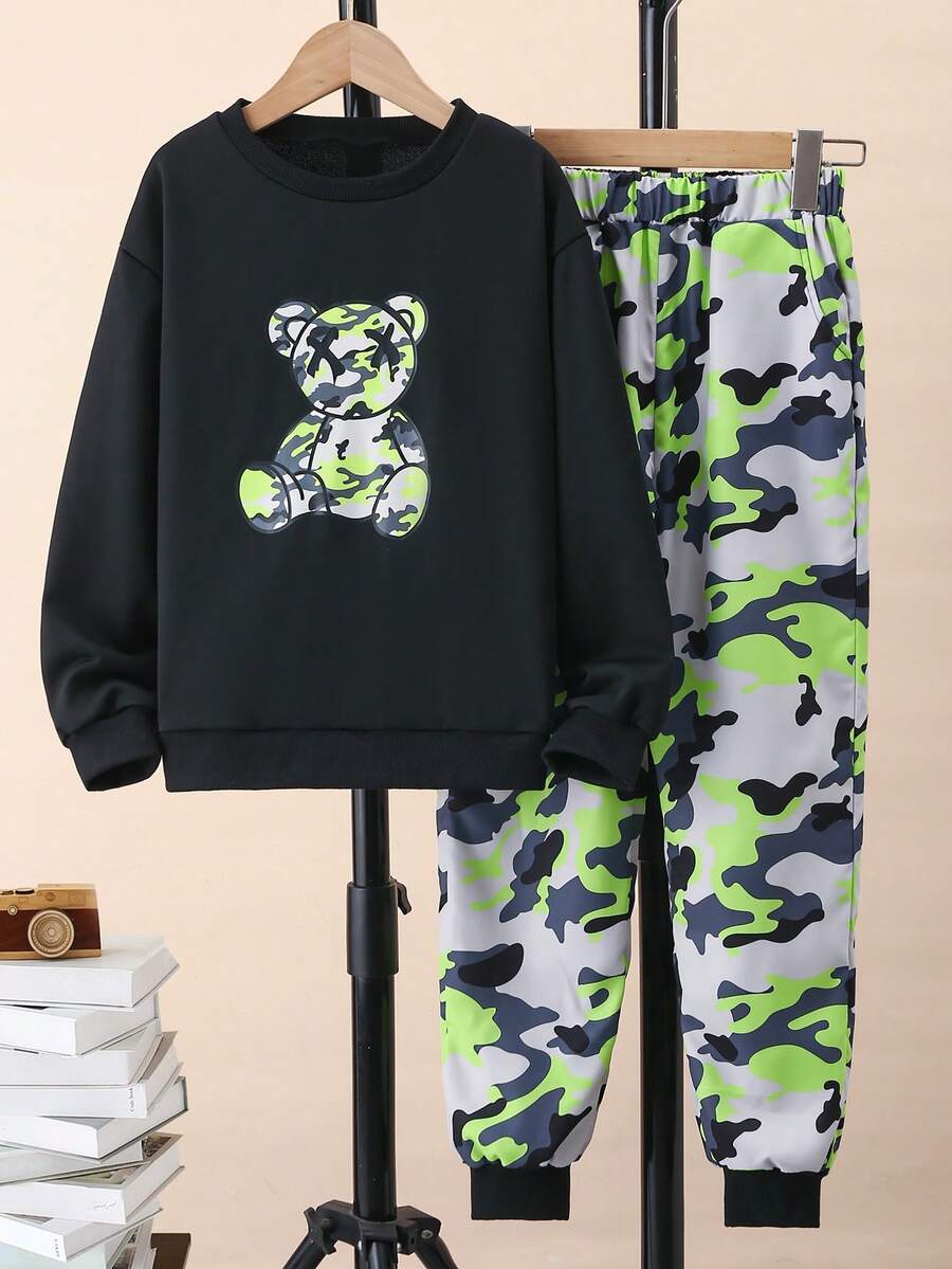 Tween Boy Bear Print Pullover & Camo Print Sweatpants - Black - View 1