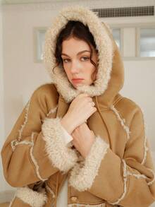 Abrigo con capucha con doble bolsillo de manga raglán con cordón - Caqui - Ver 3