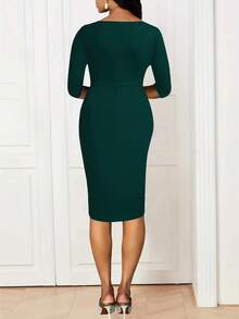 素色荷葉邊褶邊緊身洋裝 - 墨綠色 - 查看 2