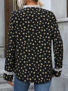 Floral Print Guipure Lace Trim Blouse - Black - View 2