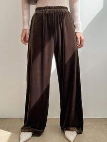 DAZY 彈性腰帶闊腿褲 - 棕色 - 查看 3