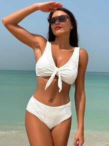 Knot Front Bikini Set - White - View 6